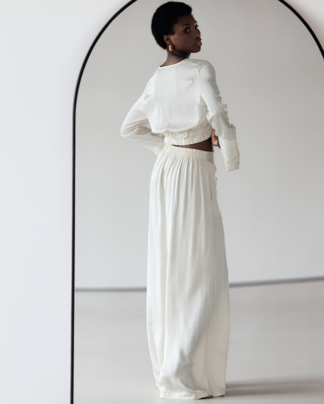 Zoe Pinstripe Elastic Wrap Satin Top | Ivory