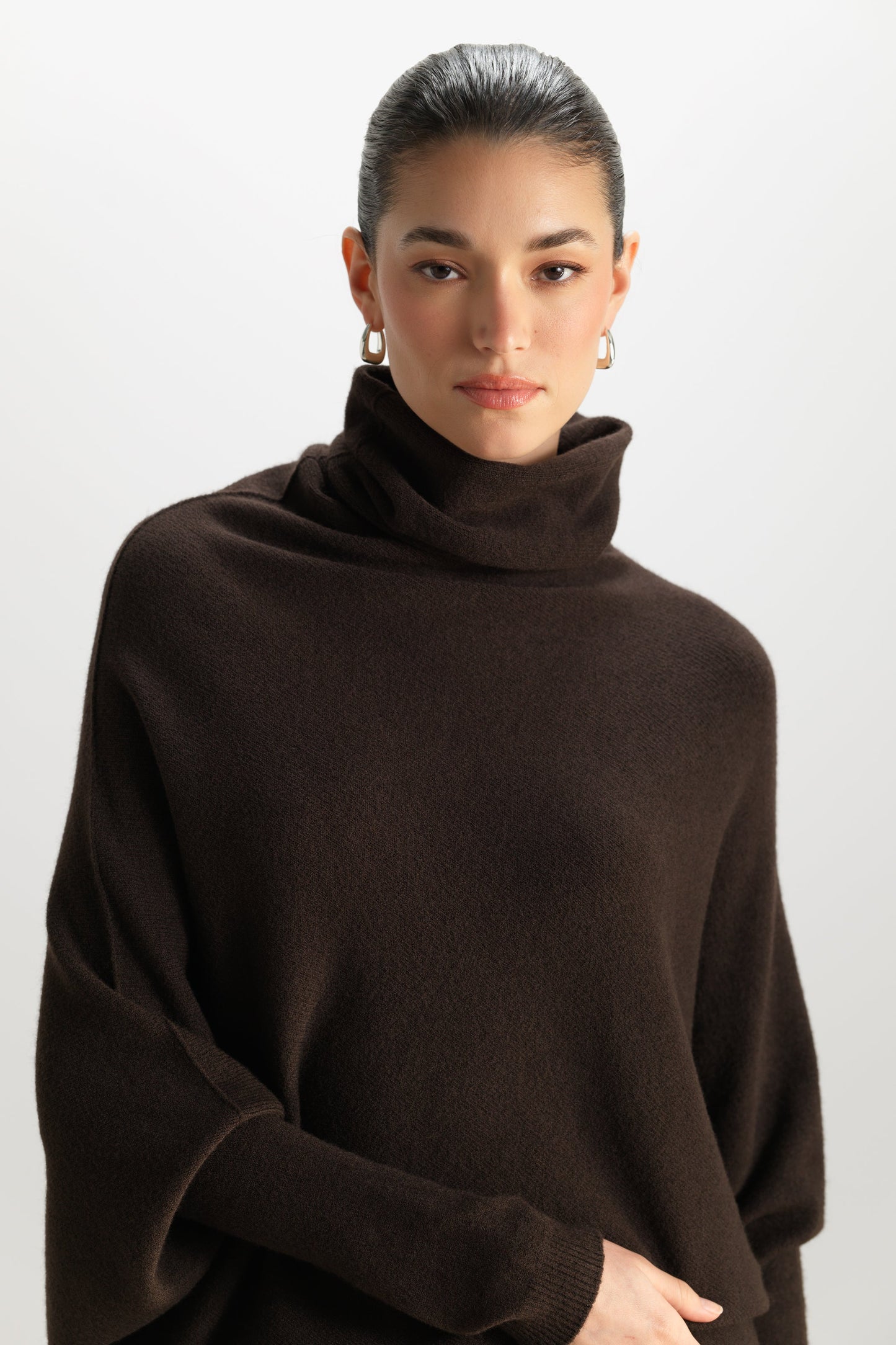 Asymmetric Draped Roll Neck | Espresso Brown | Seamless Knit