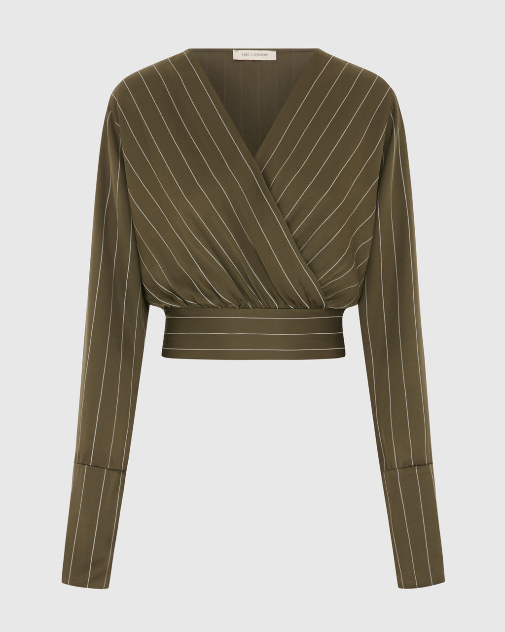Zoe Pinstripe Elastic Wrap Satin Top | Khaki
