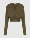 Zoe Pinstripe Elastic Wrap Satin Top | Khaki