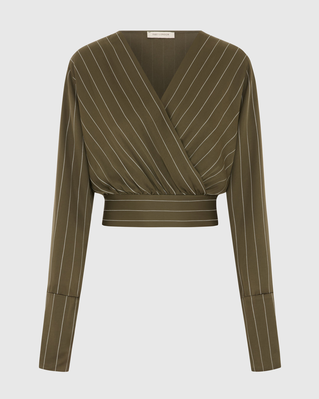 Zoe Pinstripe Elastic Wrap Satin Top | Khaki