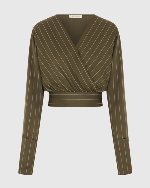 Zoe Pinstripe Elastic Wrap Satin Top | Khaki