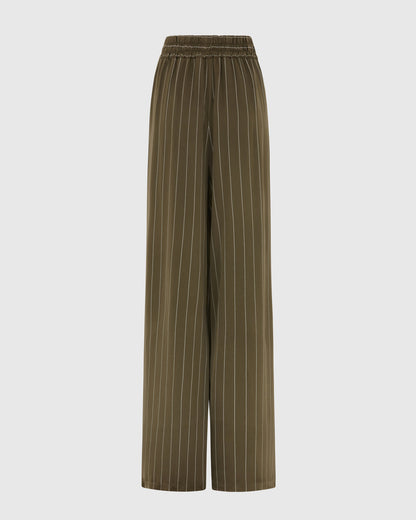 Zoe Pinstripe Elastic High Waist Satin Trousers | Khaki