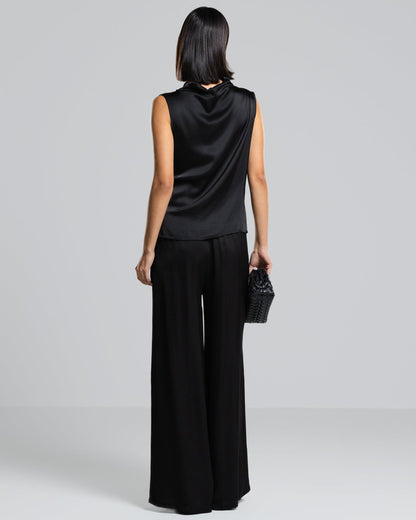 Allegra Draped Satin Sleeveless Top | Black