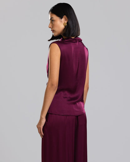 Allegra Draped Satin Sleeveless Top | Burgundy