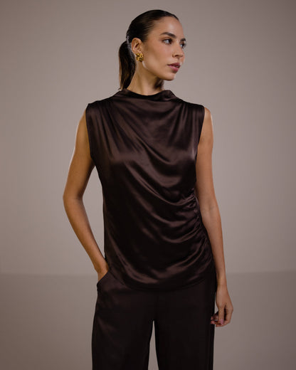 Allegra Draped Satin Sleeveless Top | Espresso Brown