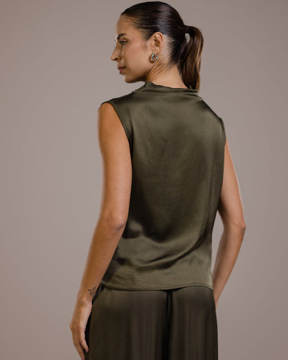 Allegra Draped Satin Sleeveless Top | Khaki
