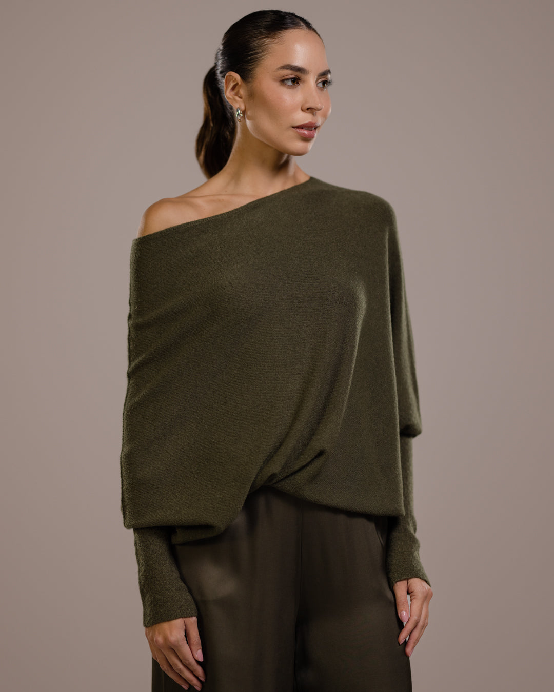 Asymmetric Draped | Khaki | Seamless Knit