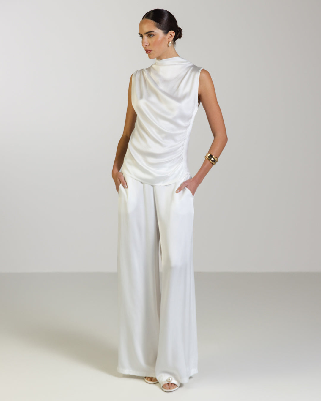 Allegra Draped Satin Sleeveless Top | White