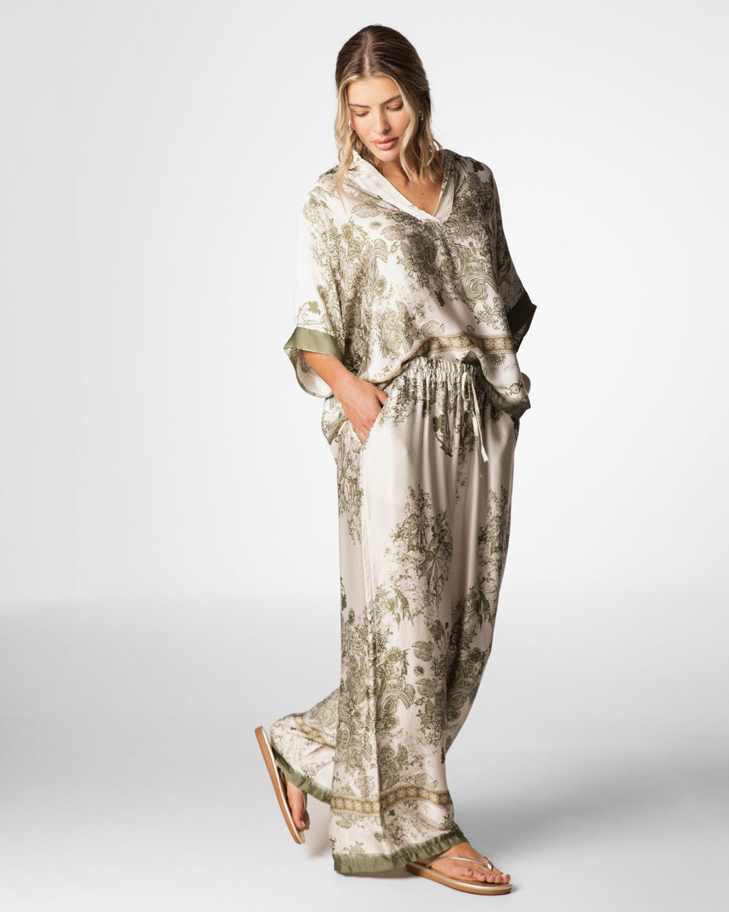 Ottilie Elastic Waist Silk Trousers | Khaki