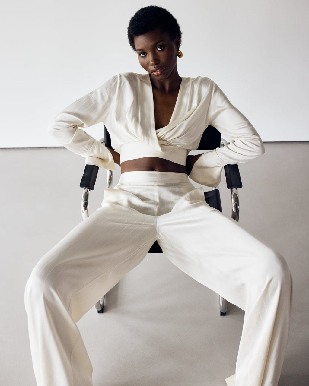 Zoe Pinstripe Elastic Wrap Satin Top | Ivory