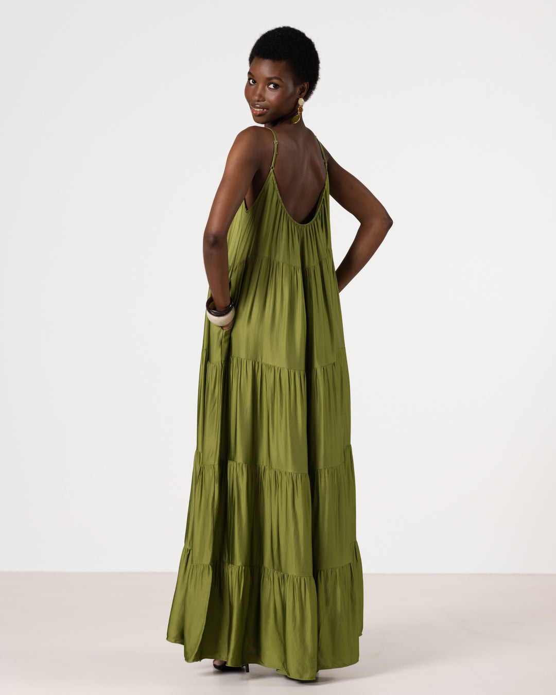 Noelle Strappy Tiered Satin Maxi Dress | Olive Green