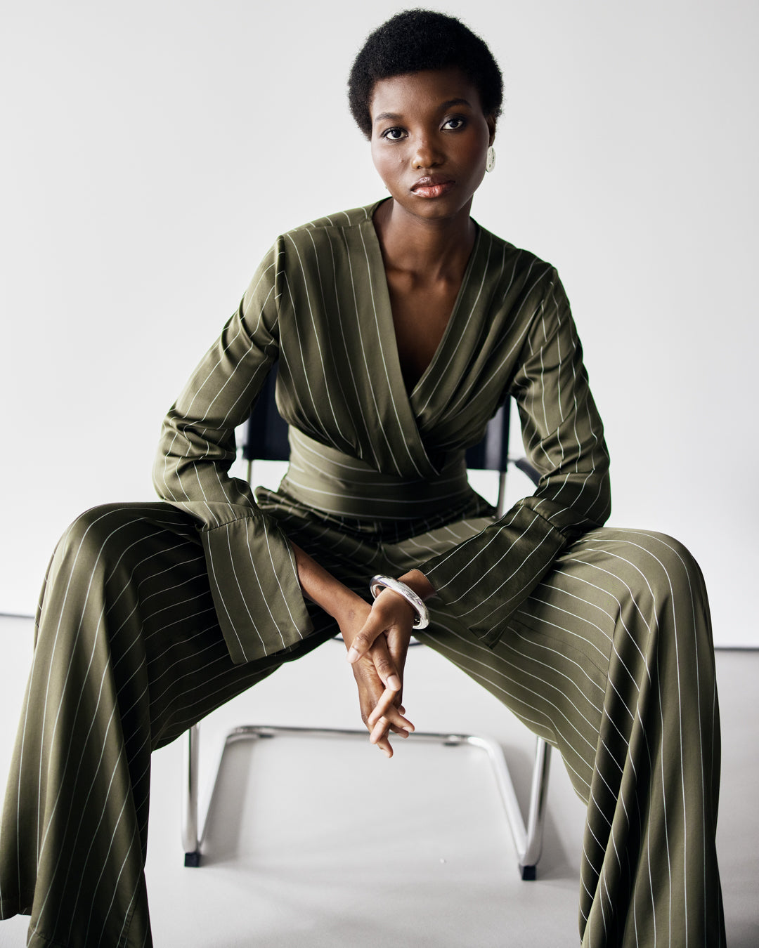 Zoe Pinstripe Elastic Wrap Satin Top | Khaki