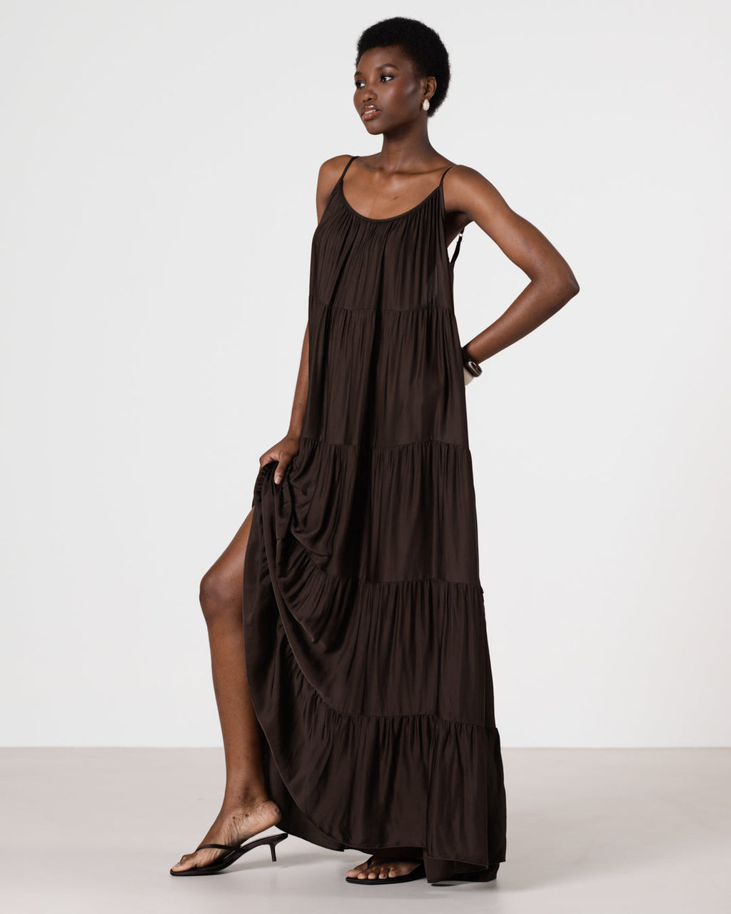 Noelle Strappy Tiered Satin Maxi Dress | Cocoa Soleil