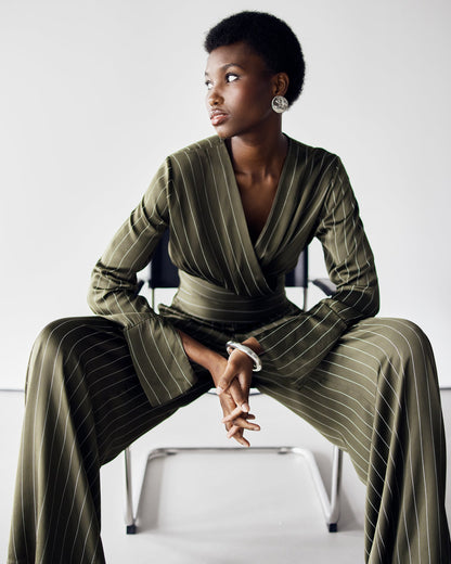 Zoe Pinstripe Elastic High Waist Satin Trousers | Khaki