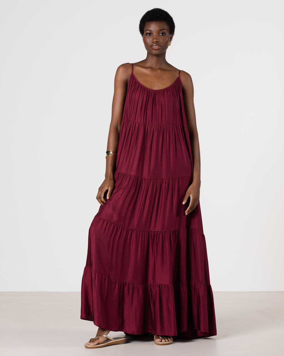 Noelle Strappy Tiered Satin Maxi Dress | Dark Cherry