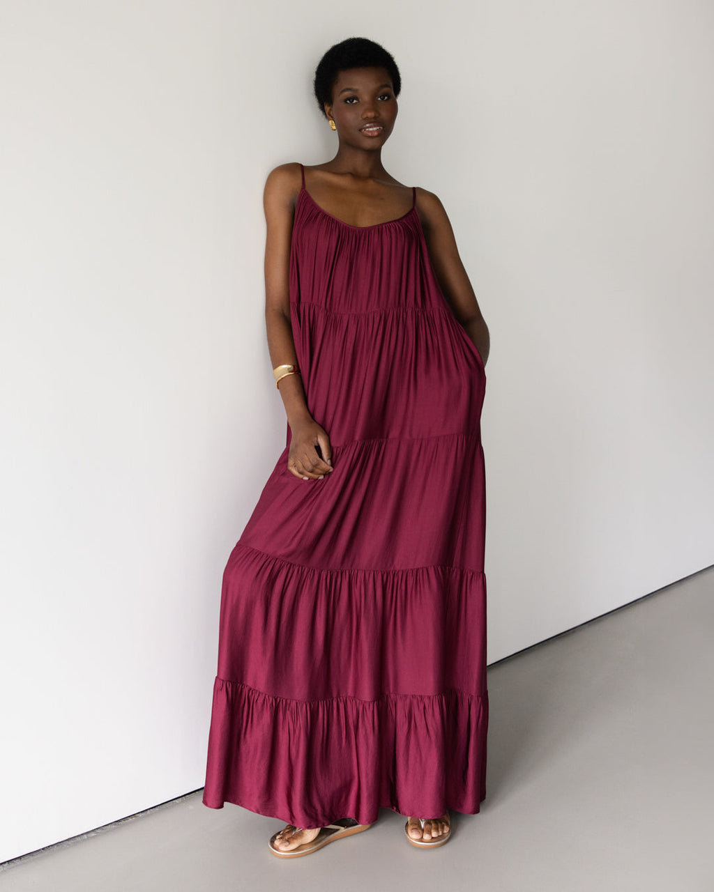 Noelle Strappy Tiered Satin Maxi Dress | Dark Cherry