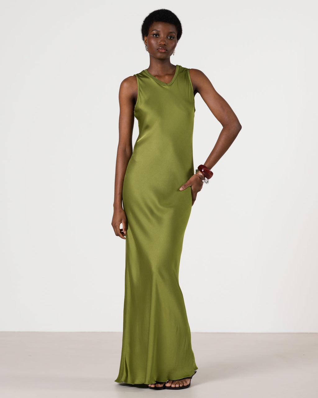 Sabrina Sleeveless Satin Maxi Dress | Olive Green