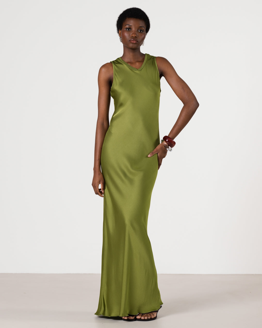 Sabrina Sleeveless Satin Maxi Dress | Olive Green