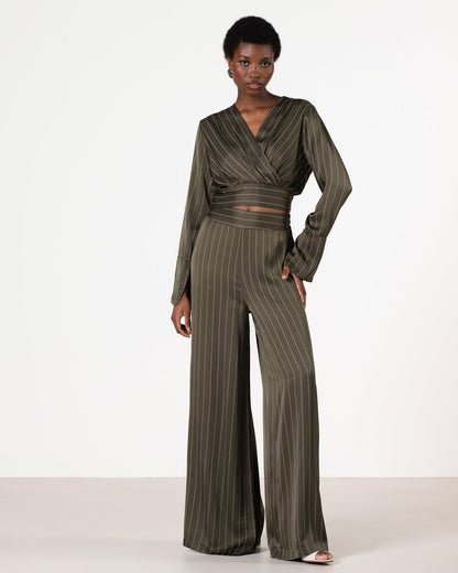 Zoe Pinstripe Elastic Wrap Satin Top | Khaki