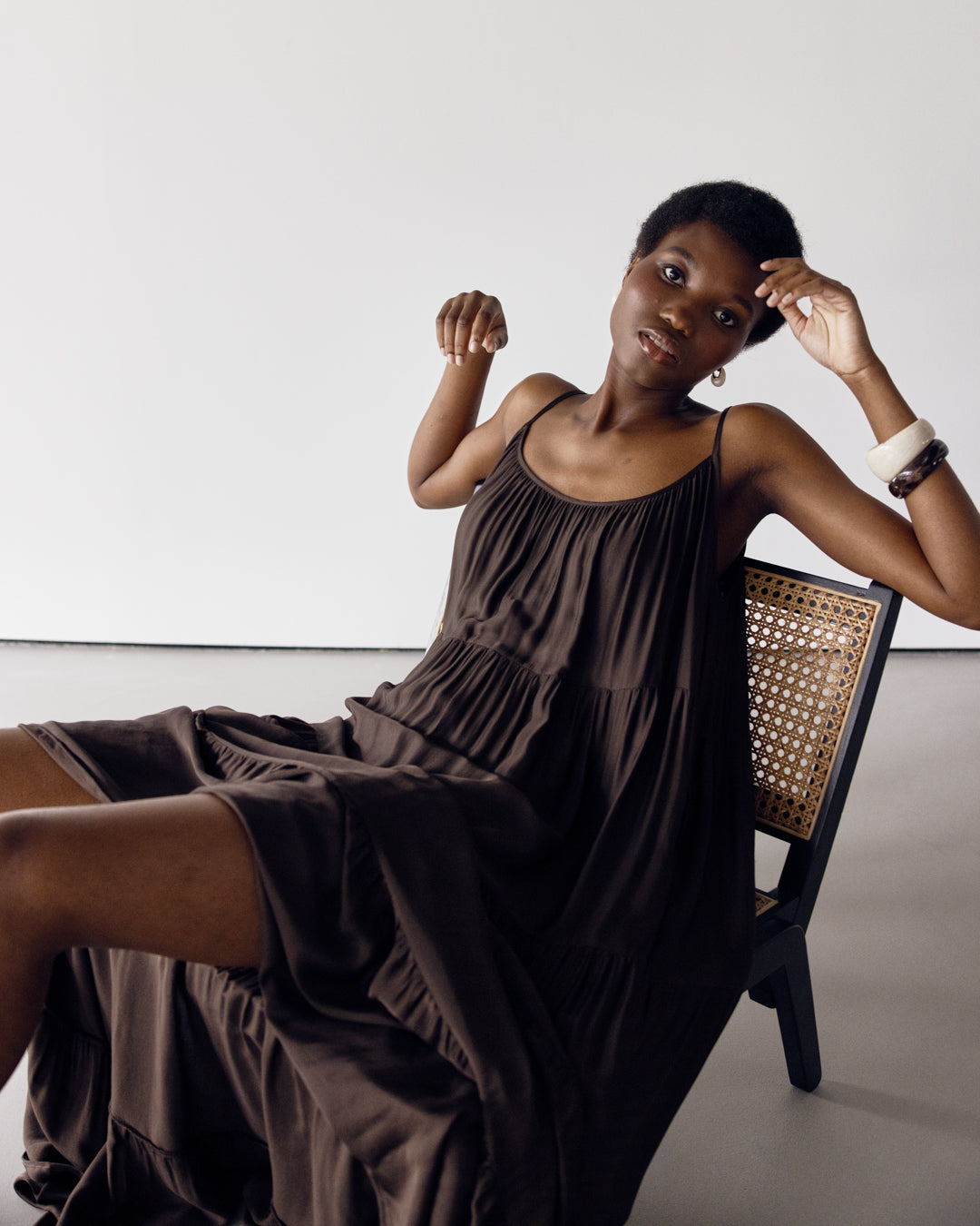 Noelle Strappy Tiered Satin Maxi Dress | Cocoa Soleil