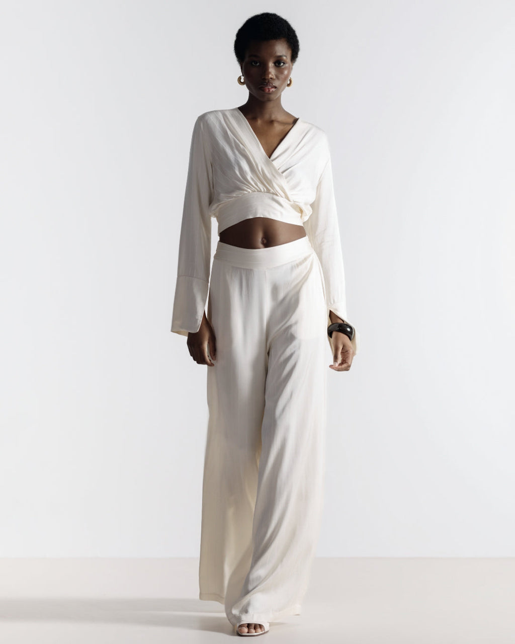 Zoe Pinstripe Elastic Wrap Satin Top | Ivory