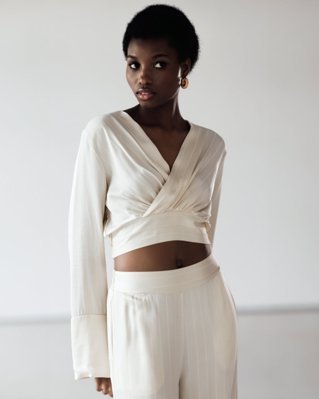 Zoe Pinstripe Elastic Wrap Satin Top | Ivory