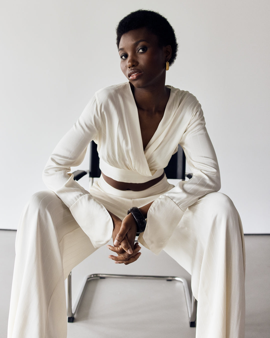 Zoe Pinstripe Elastic Wrap Satin Top | Ivory