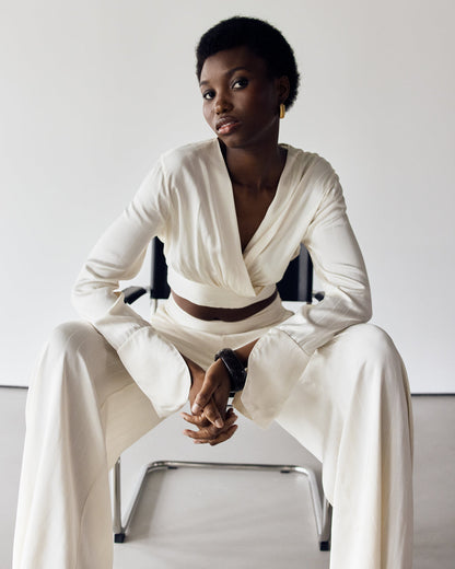 Zoe Pinstripe Elastic Wrap Satin Top | Ivory