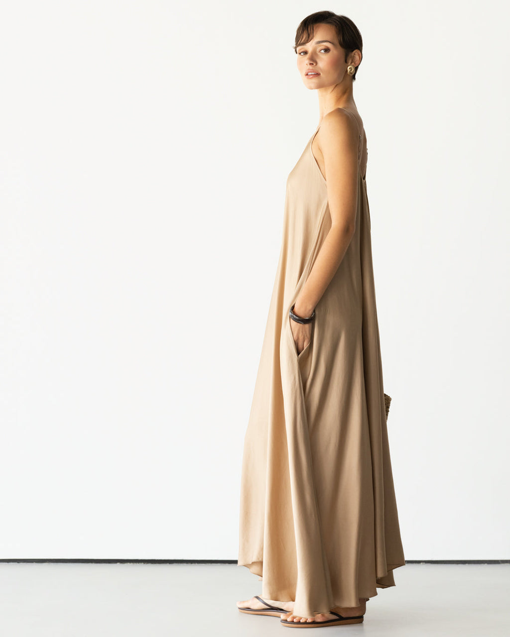 Nyra Slip Satin Maxi Dress | Taupe