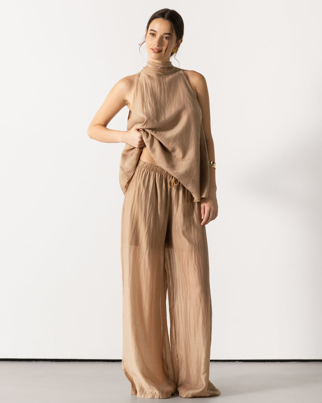 Clotilde Lightweight Elastic Waist Pants Trousers | Sand
