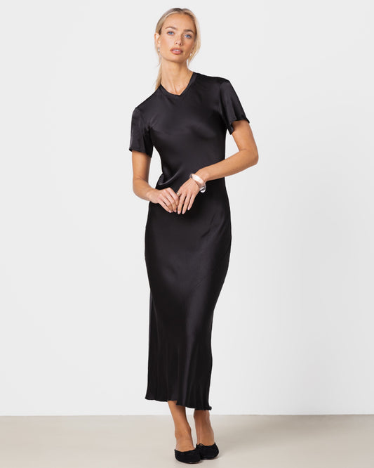 Saskia Short Sleeve Satin Dress | Black