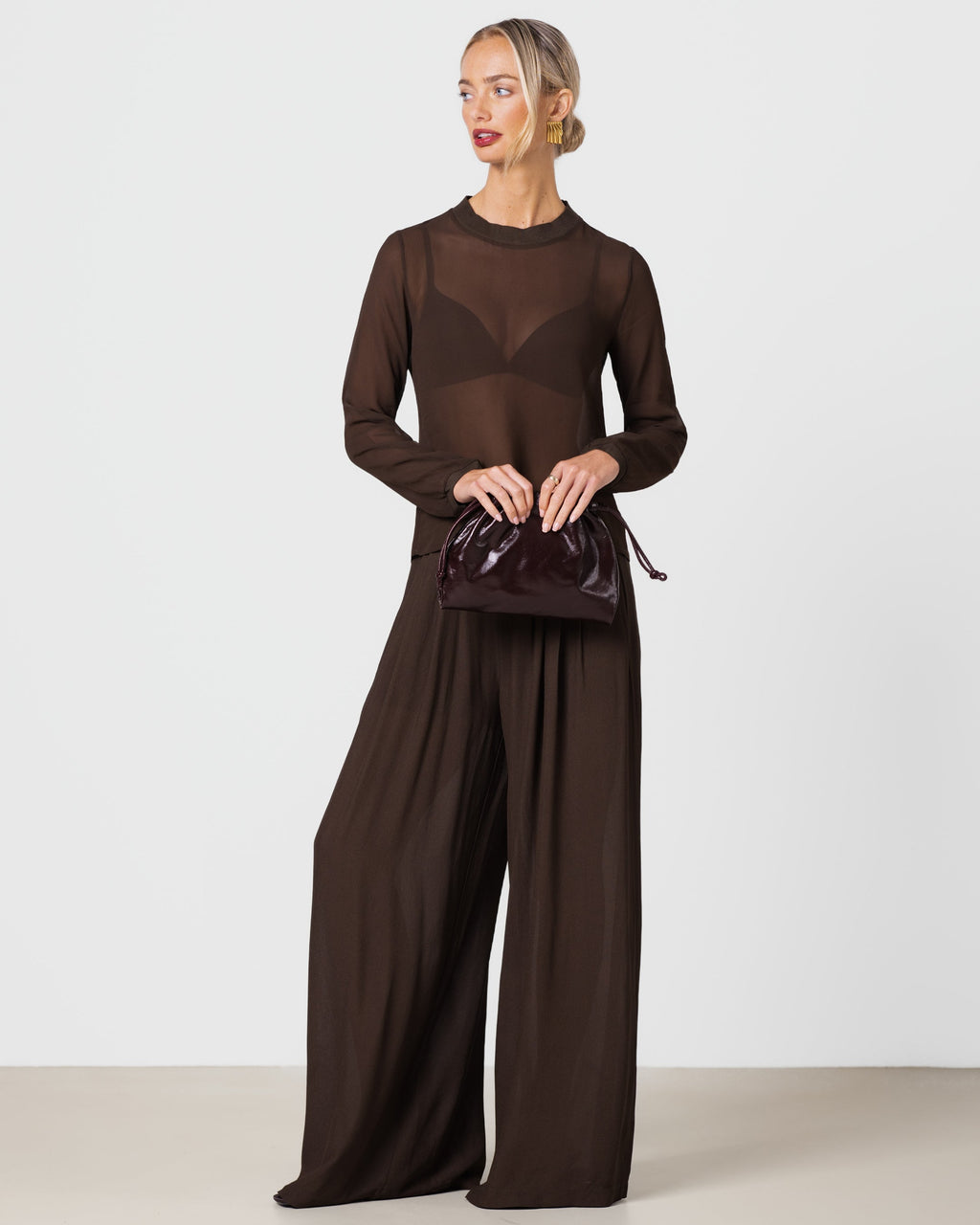 Verity Sheer Elastic Waist Trousers | Chocolate Brown