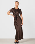 Saskia Short Sleeve Satin Dress | Chocolate Brown