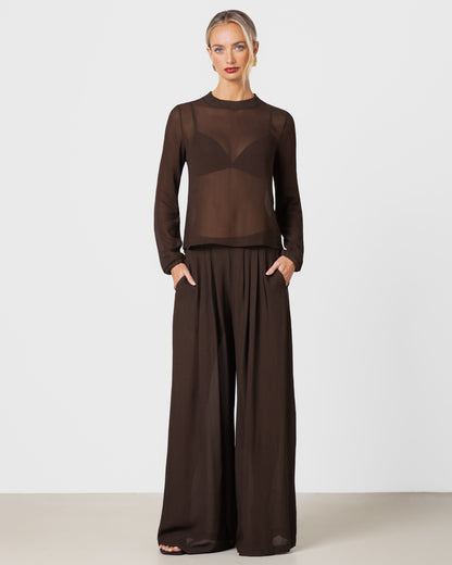 Verity Sheer Elastic Waist Trousers | Chocolate Brown