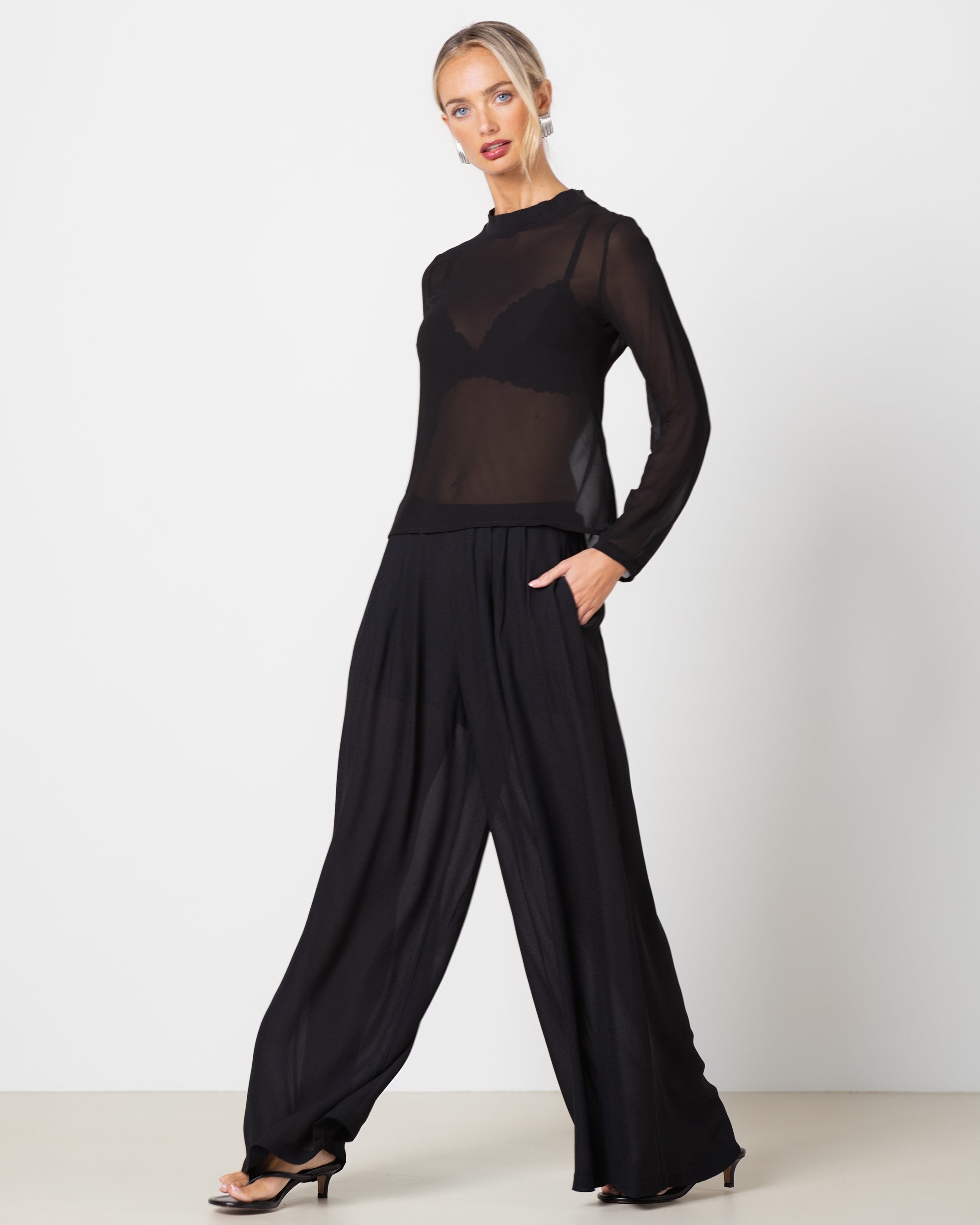 Verity Sheer Elastic Waist Trousers | Black