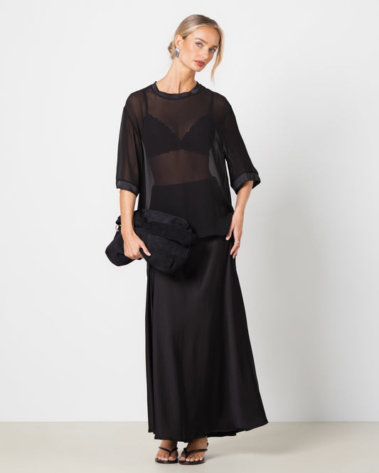 Zadie Sheer Satin Trim Top | Black