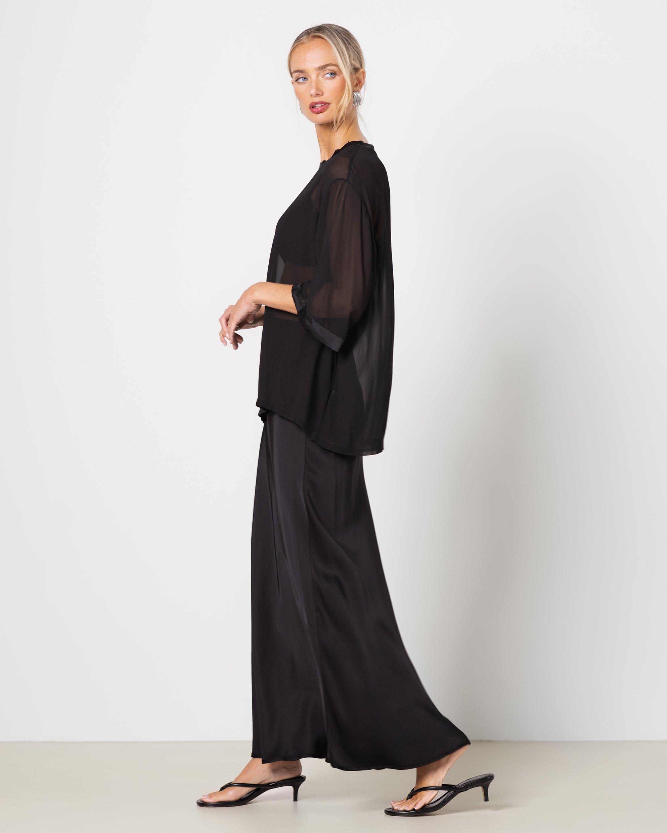 Zadie Sheer Satin Trim Top | Black