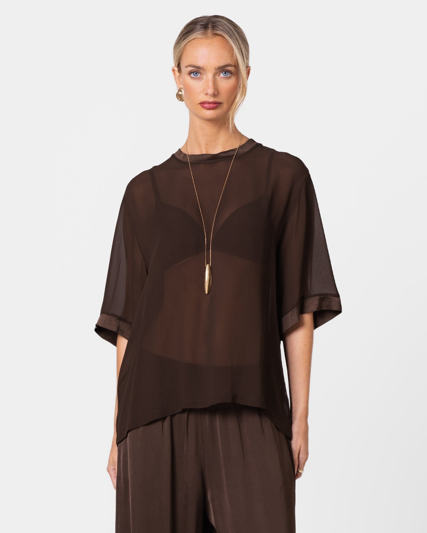 Zadie Sheer Satin Trim Top | Chocolate Brown