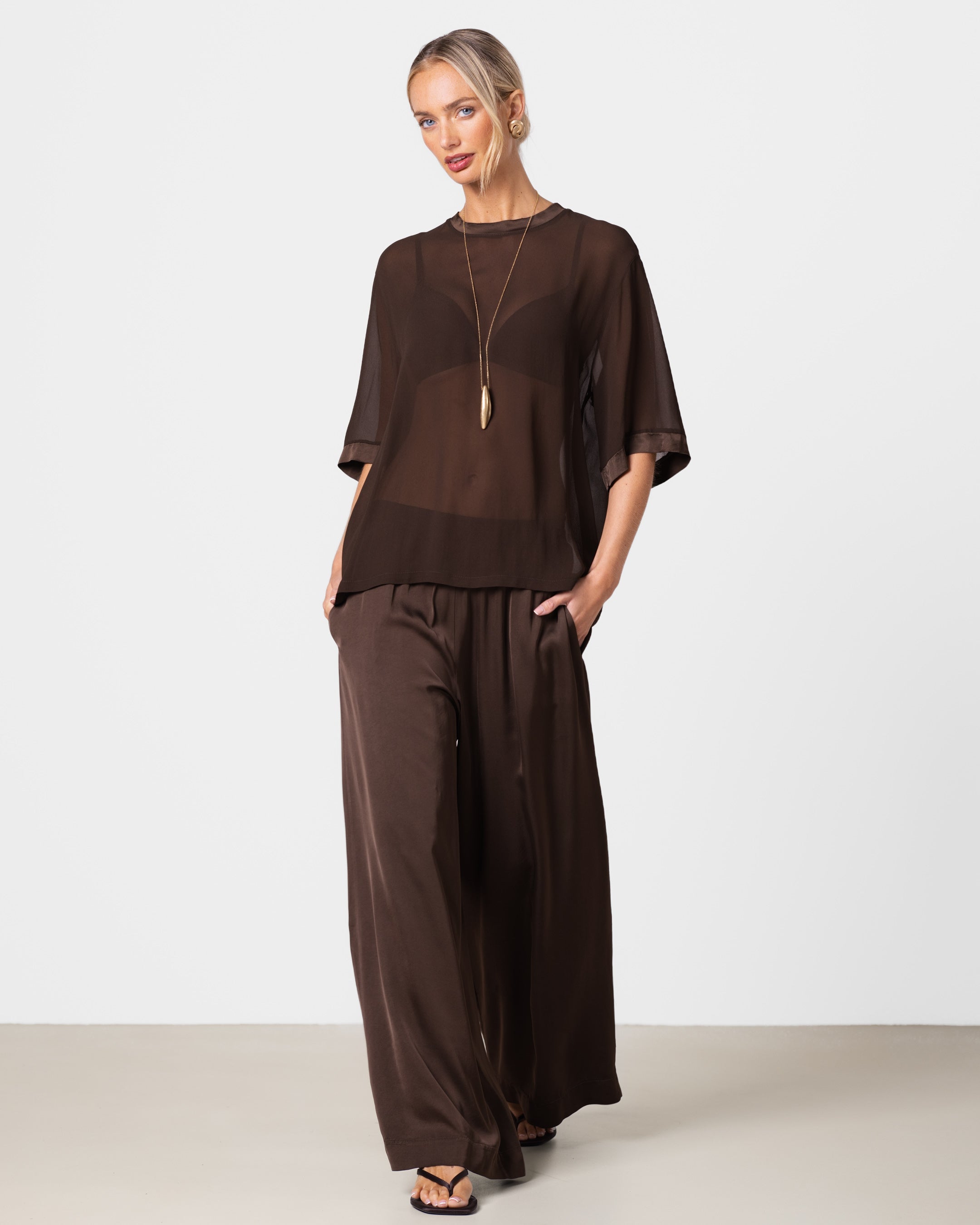 Zadie Sheer Satin Trim Top | Chocolate Brown