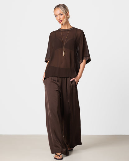 Zadie Sheer Satin Trim Top | Chocolate Brown