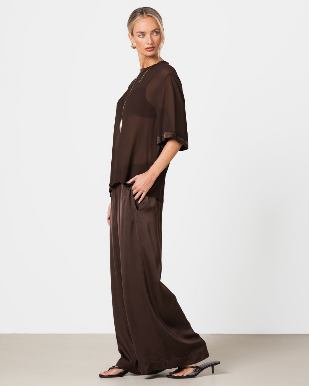 Zadie Sheer Satin Trim Top | Chocolate Brown