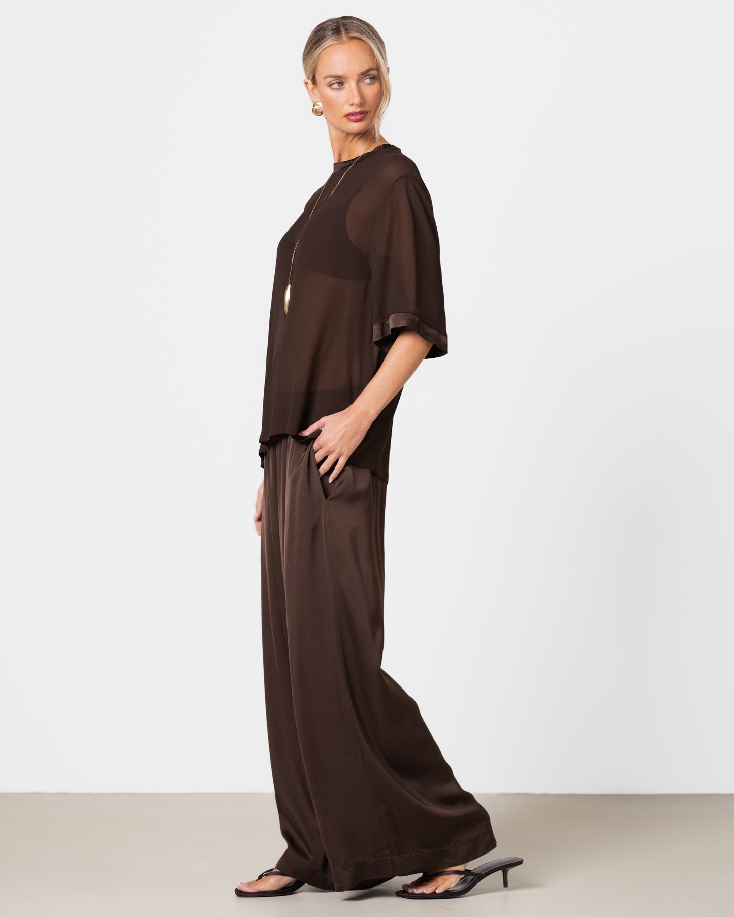 Zadie Sheer Satin Trim Top | Chocolate Brown