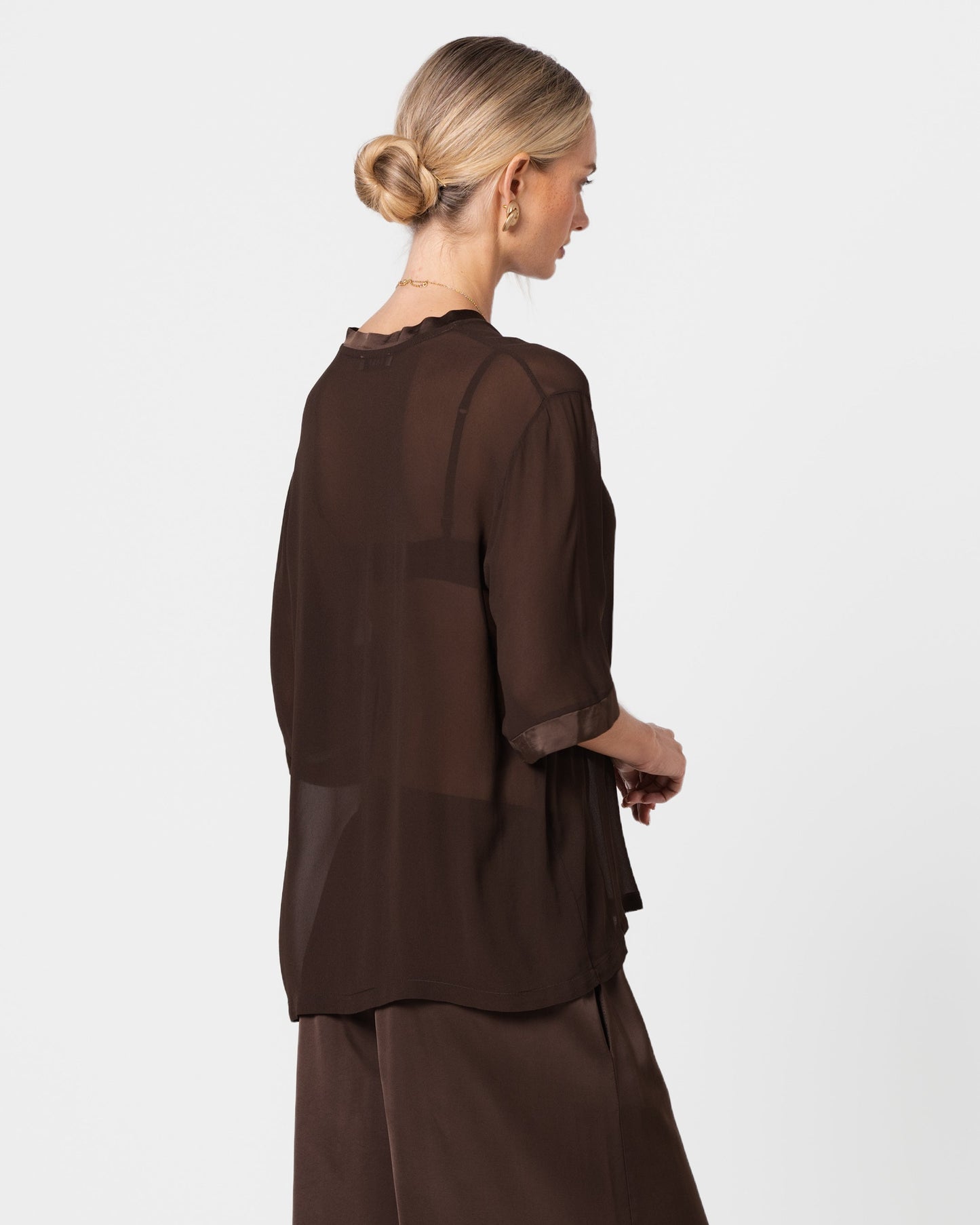 Zadie Sheer Satin Trim Top | Chocolate Brown