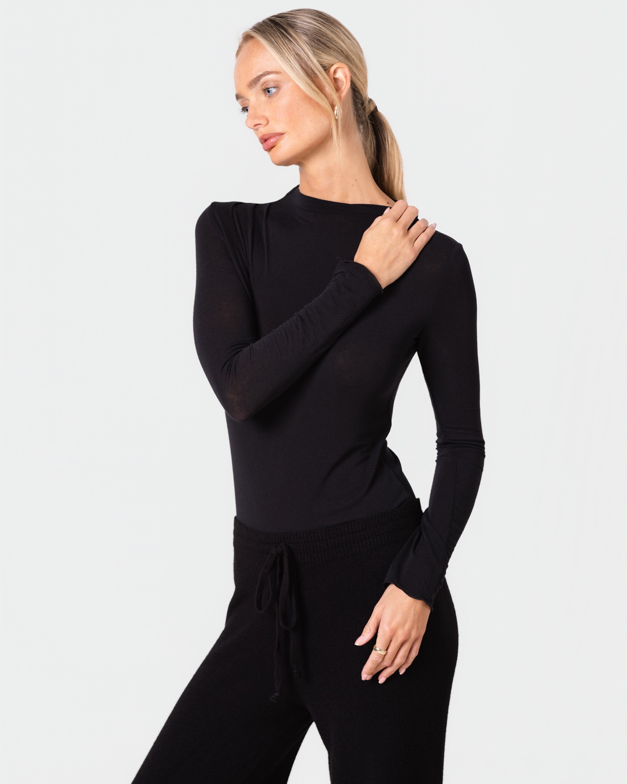 Lucia Featherweight High Neck Top | Black | Modal-Cashmere