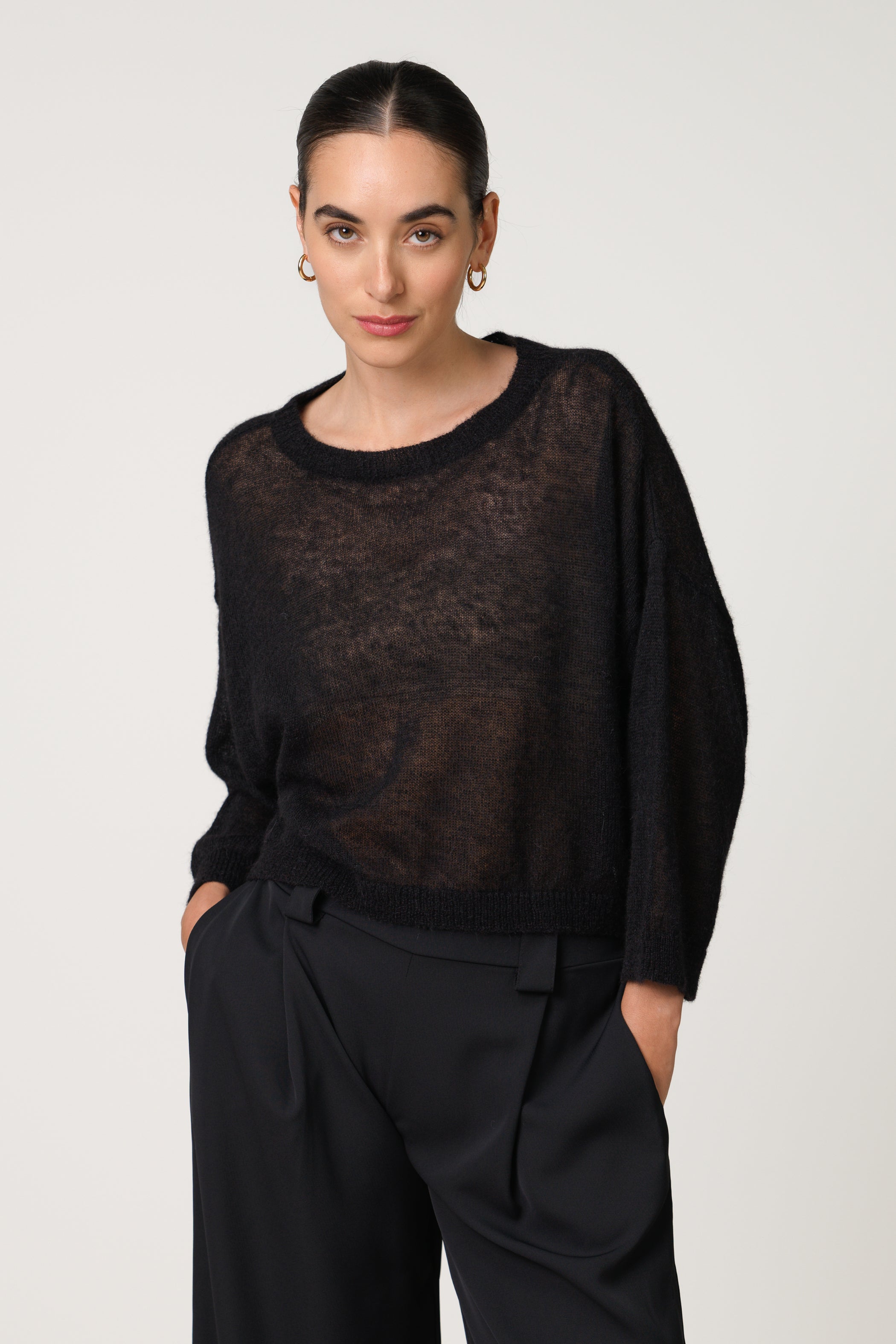 Willow Boxy Sheer Sweater | Black | Alpaca Blend