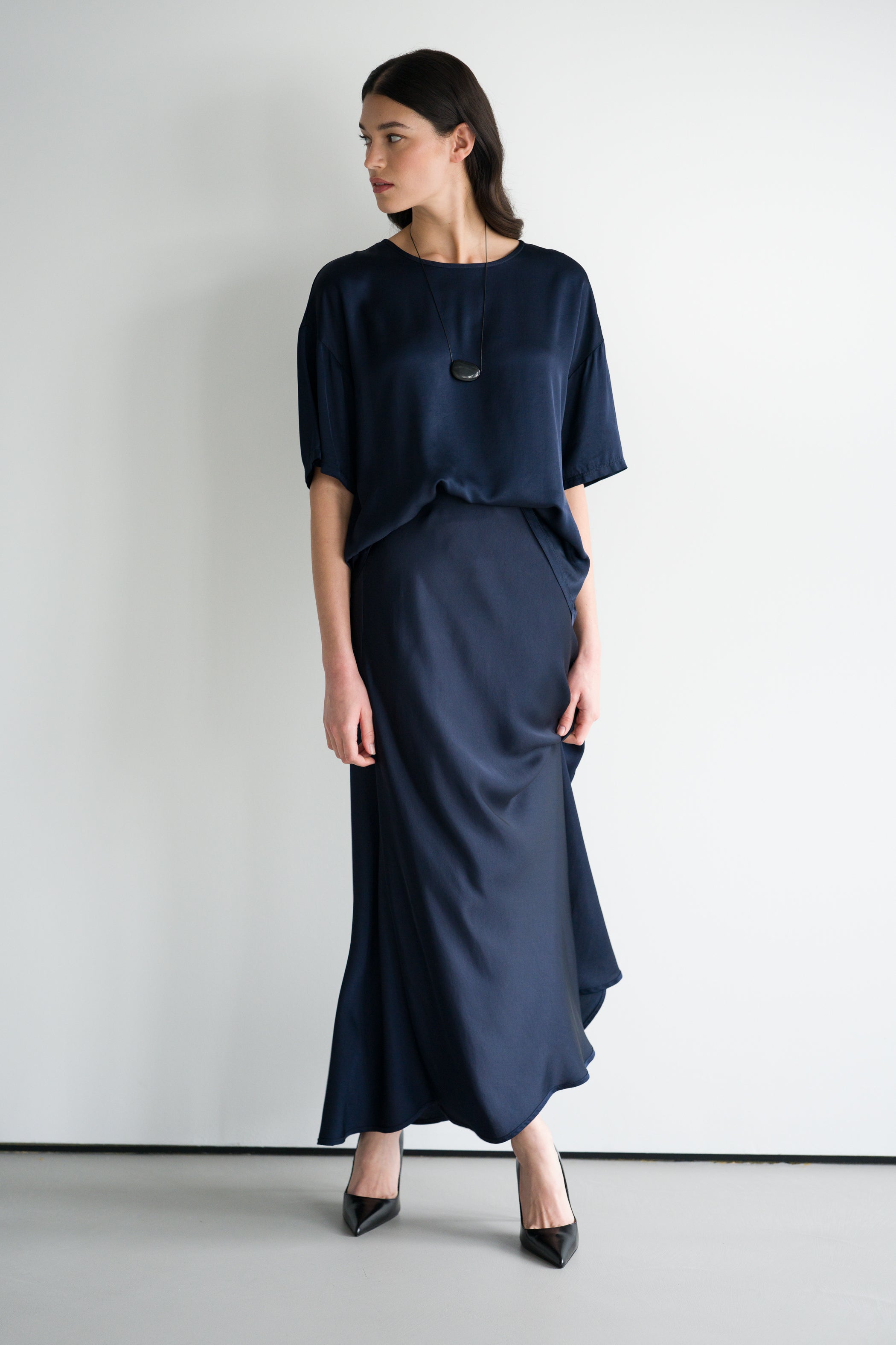 Camilla Bias Satin Skirt | Navy