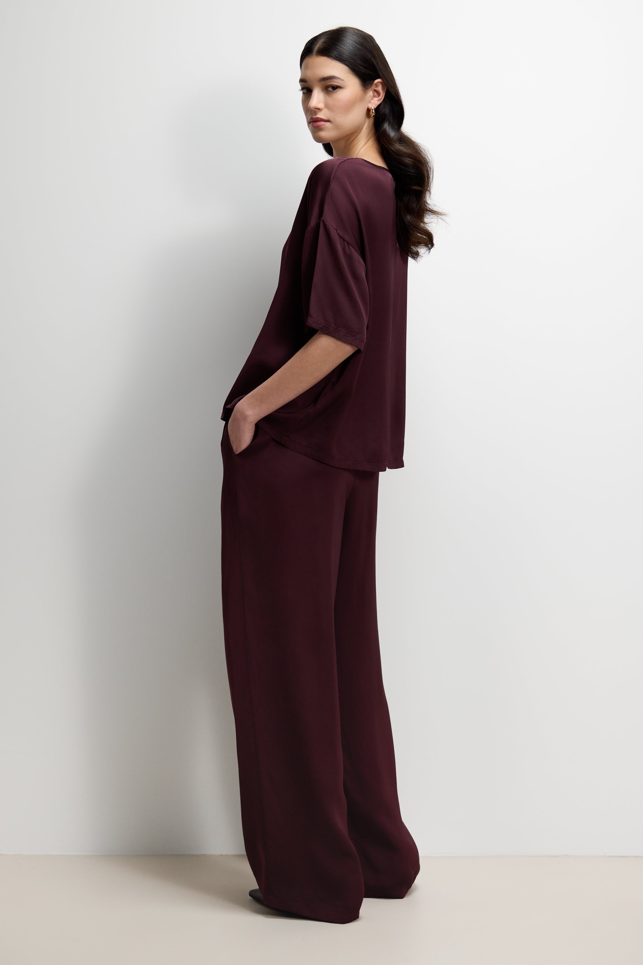 Corin Elastic Waist Satin Trousers | Amethyst Plum