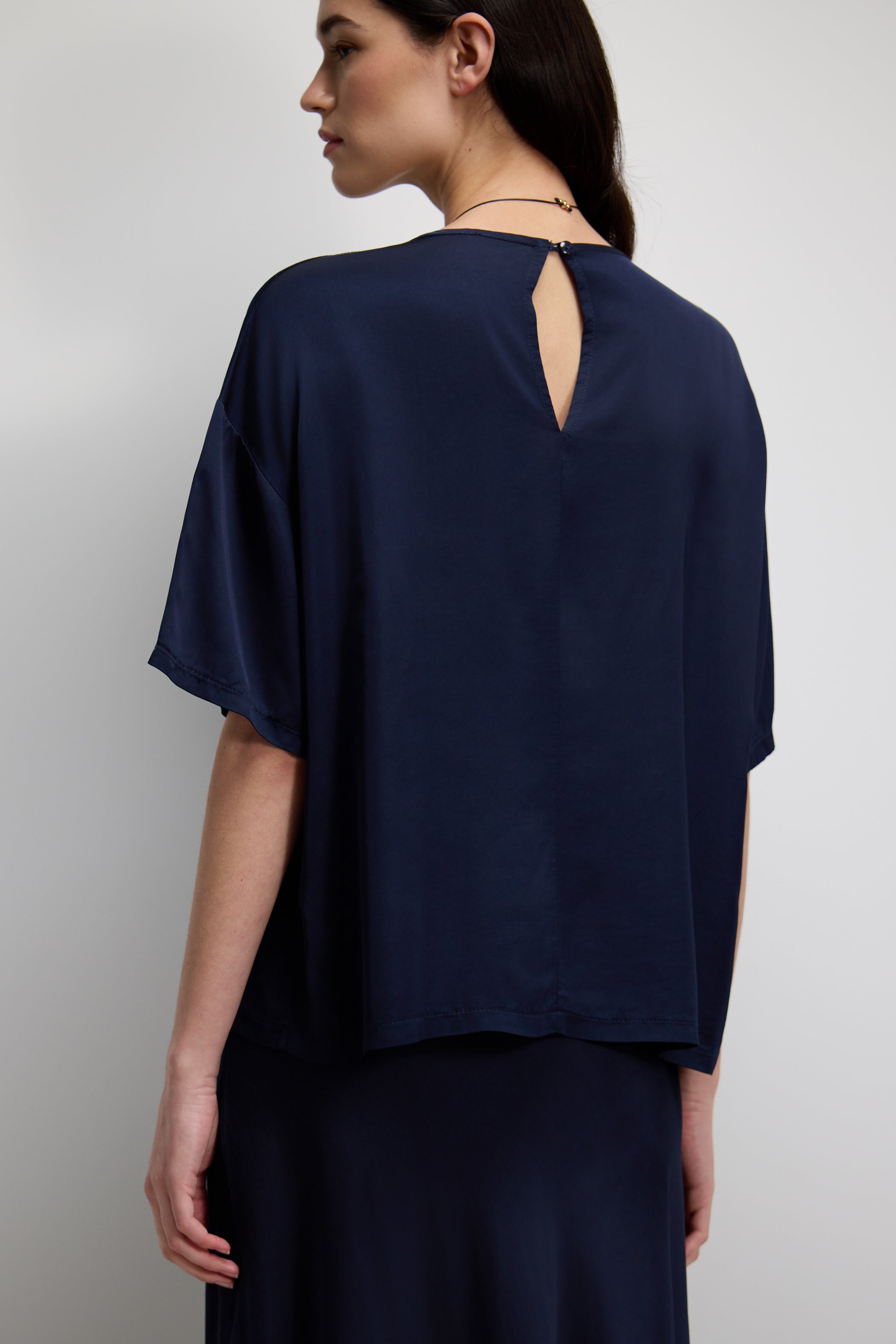 Mila Back Slit Satin Top | Navy