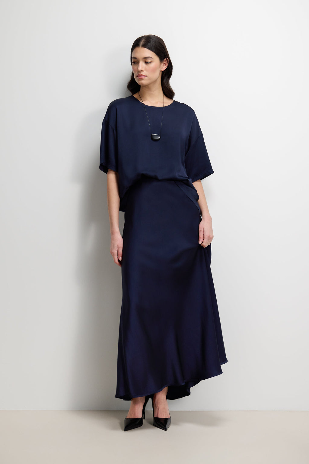 Camilla Bias Satin Skirt | Navy